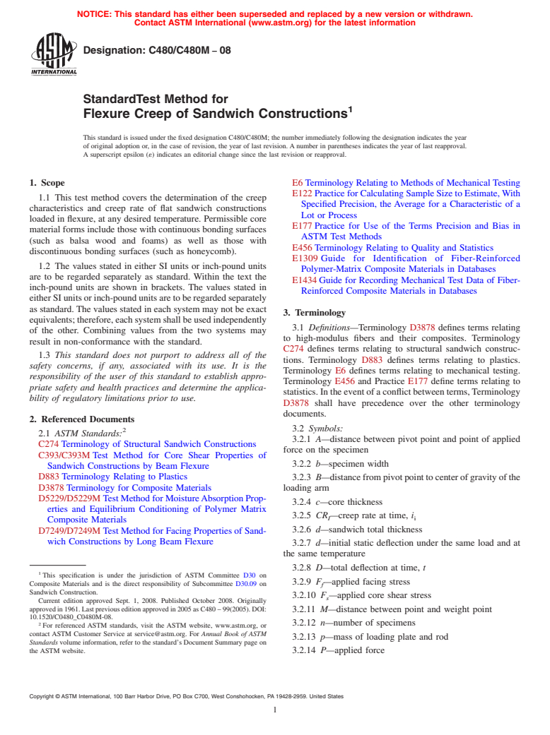 ASTM C480/C480M-08 - Standard Test Method for Flexure Creep of Sandwich Constructions