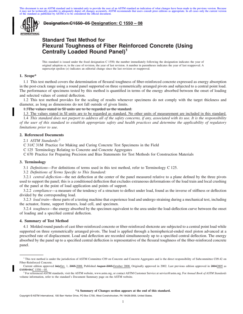 REDLINE ASTM C1550-08 - Standard Test Method for Flexural Toughness of Fiber Reinforced Concrete (Using Centrally Loaded Round Panel)