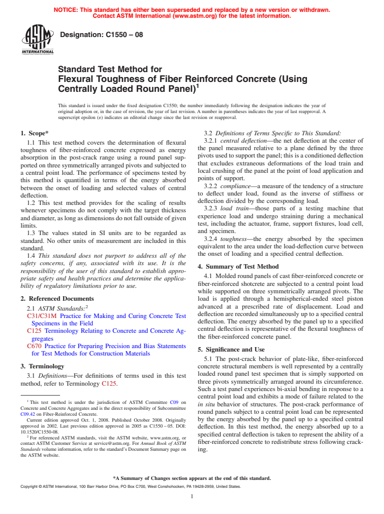 ASTM C1550-08 - Standard Test Method for Flexural Toughness of Fiber Reinforced Concrete (Using Centrally Loaded Round Panel)