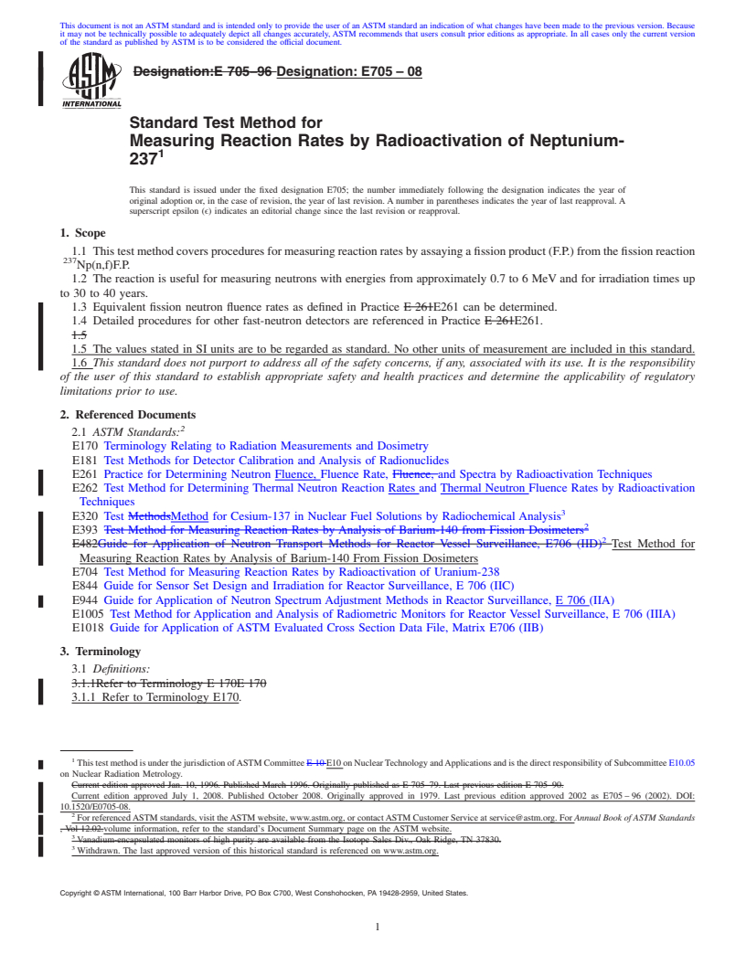 REDLINE ASTM E705-08 - Standard Test Method for Measuring Reaction Rates by Radioactivation of Neptunium-237