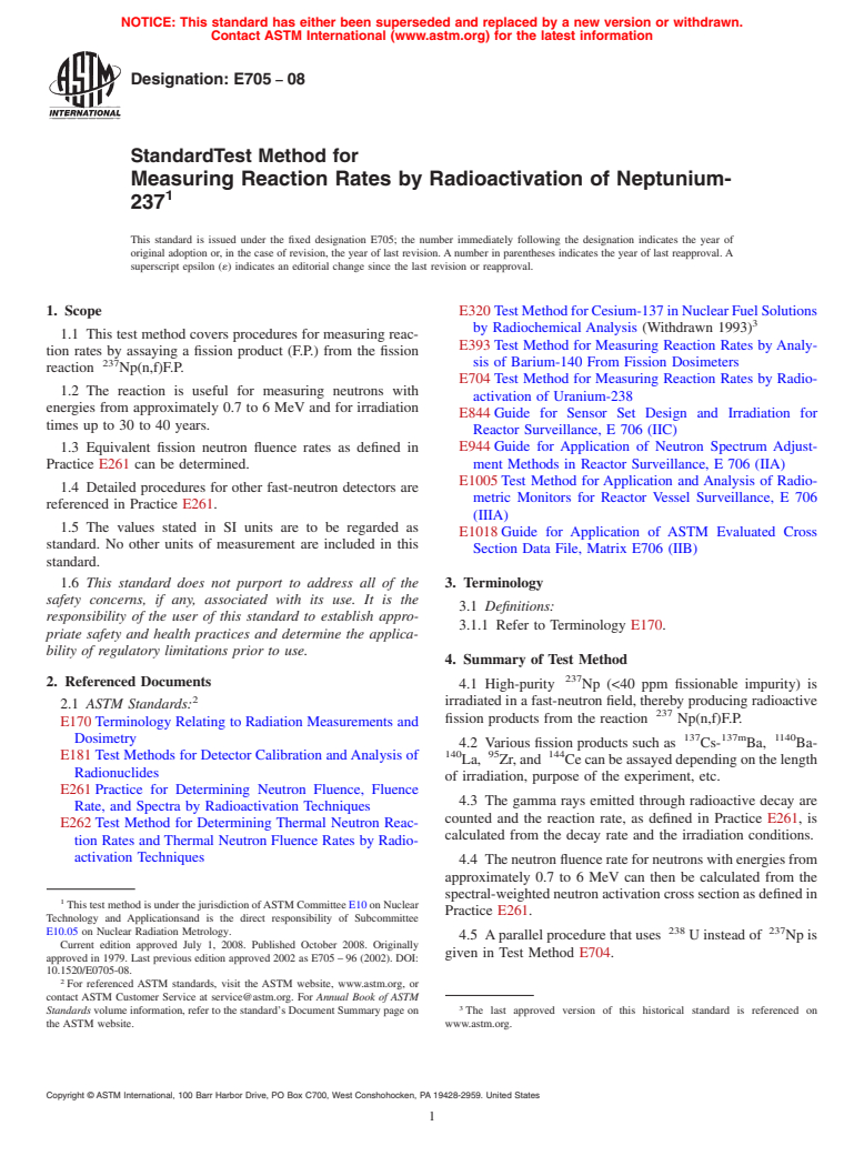 ASTM E705-08 - Standard Test Method for Measuring Reaction Rates by Radioactivation of Neptunium-237