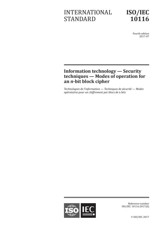 ISO/IEC 10116:2017 - Information technology -- Security techniques -- Modes of operation for an n-bit block cipher