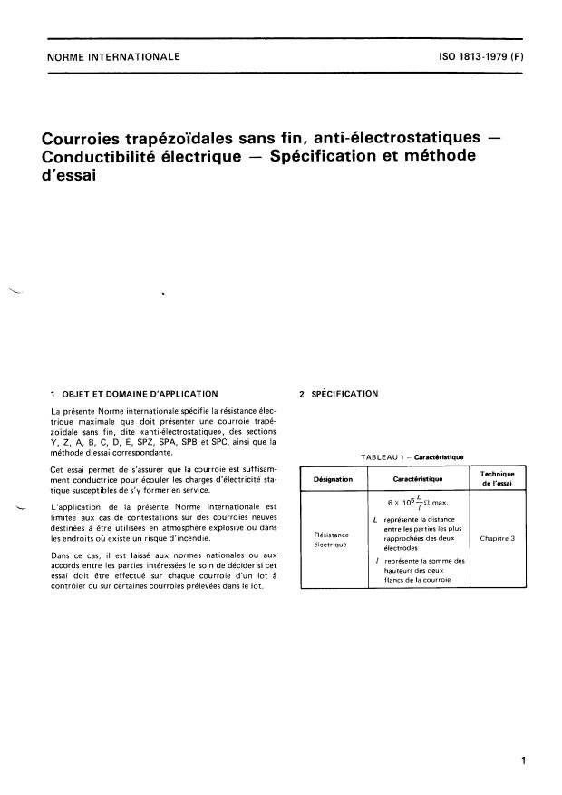 ISO 1813:1979 - Courroies trapézoidales sans fin, anti-électrostatiques -- Conductibilité électrique -- Spécification et méthode d'essai