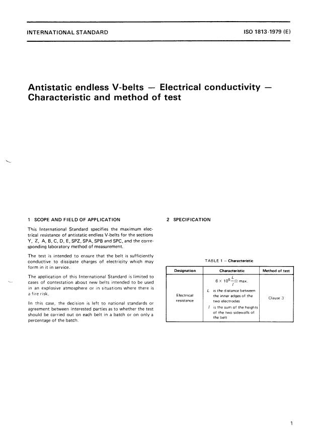ISO 1813:1979 - Antistatic endless V-belts -- Electrical conductivity -- Characteristic and method of test