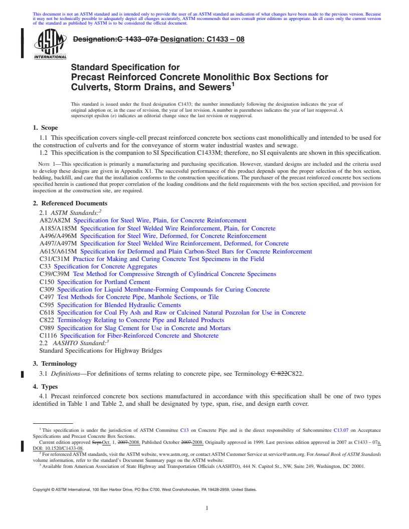 REDLINE ASTM C1433-08 - Standard Specification for Precast Reinforced Concrete Monolithic Box Sections for Culverts, Storm Drains, and Sewers