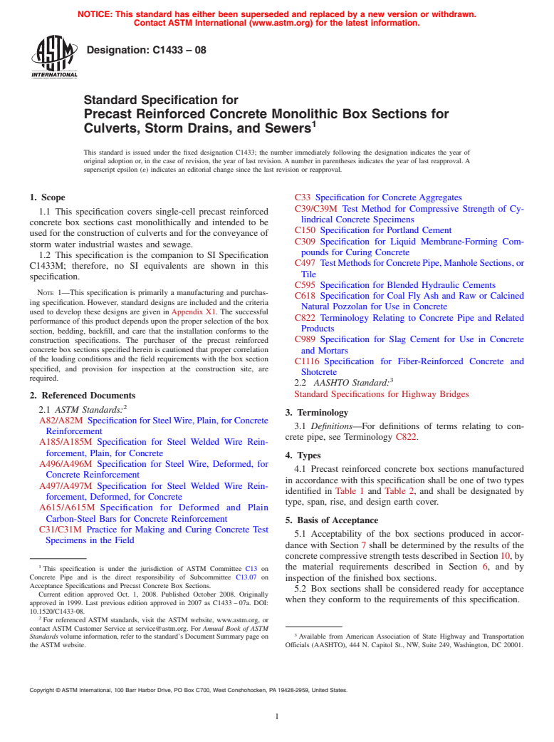 ASTM C1433-08 - Standard Specification for Precast Reinforced Concrete Monolithic Box Sections for Culverts, Storm Drains, and Sewers