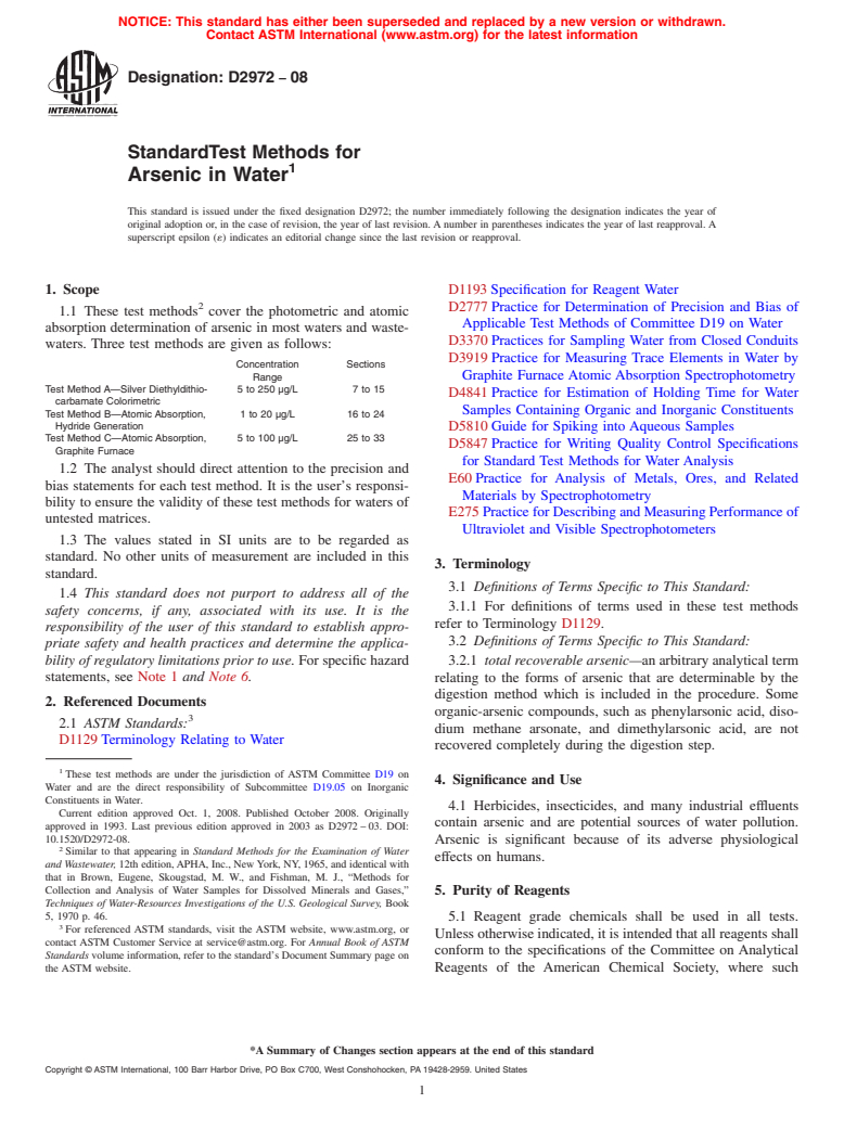 ASTM D2972-08 - Standard Test Methods for Arsenic in Water