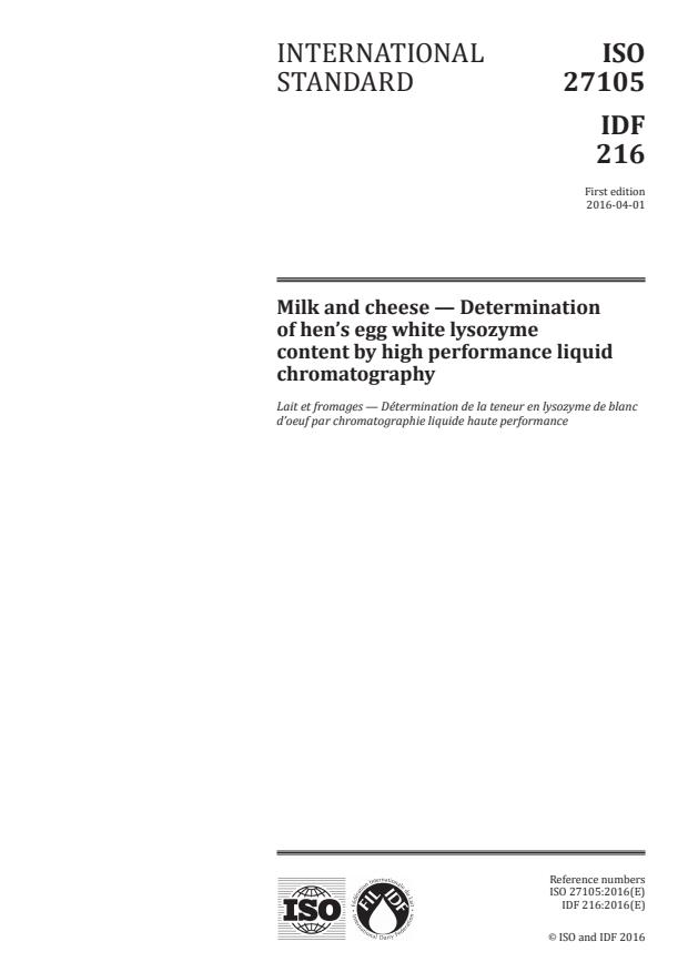 ISO 27105:2016 - Milk and cheese -- Determination of hen's egg white lysozyme content by high performance liquid chromatography