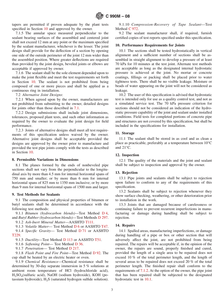 ASTM C990M-08 - Standard Specification for Joints for Concrete Pipe, Manholes, and Precast Box Sections Using Preformed Flexible Joint Sealants (Metric)