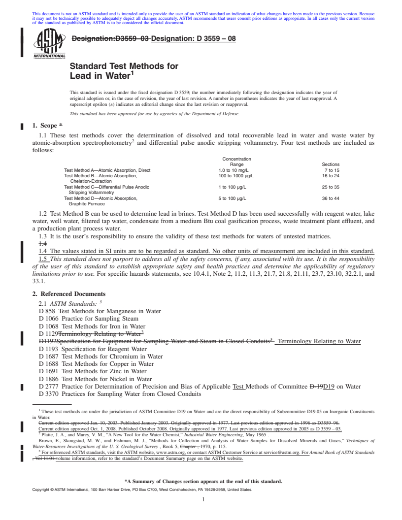 REDLINE ASTM D3559-08 - Standard Test Methods for Lead in Water