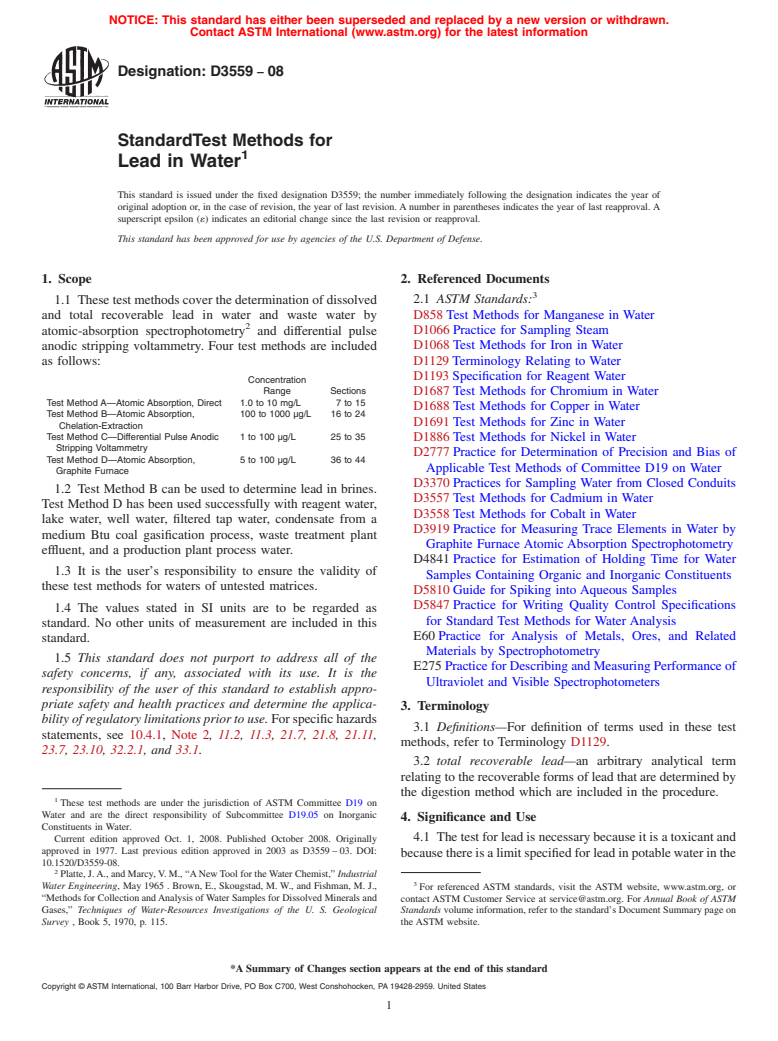 ASTM D3559-08 - Standard Test Methods for Lead in Water