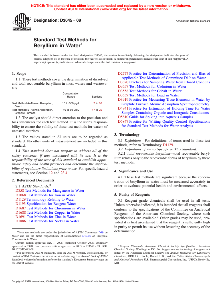 ASTM D3645-08 - Standard Test Methods for Beryllium in Water