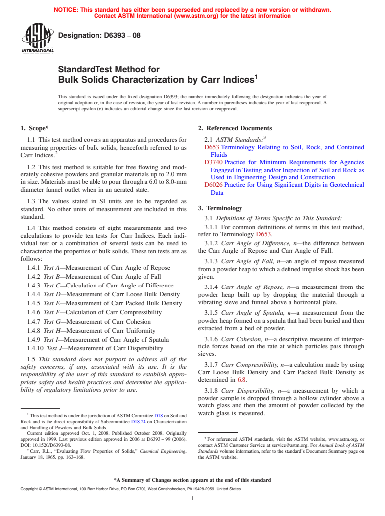 ASTM D6393-08 - Standard Test Method for Bulk Solids Characterization by Carr Indices