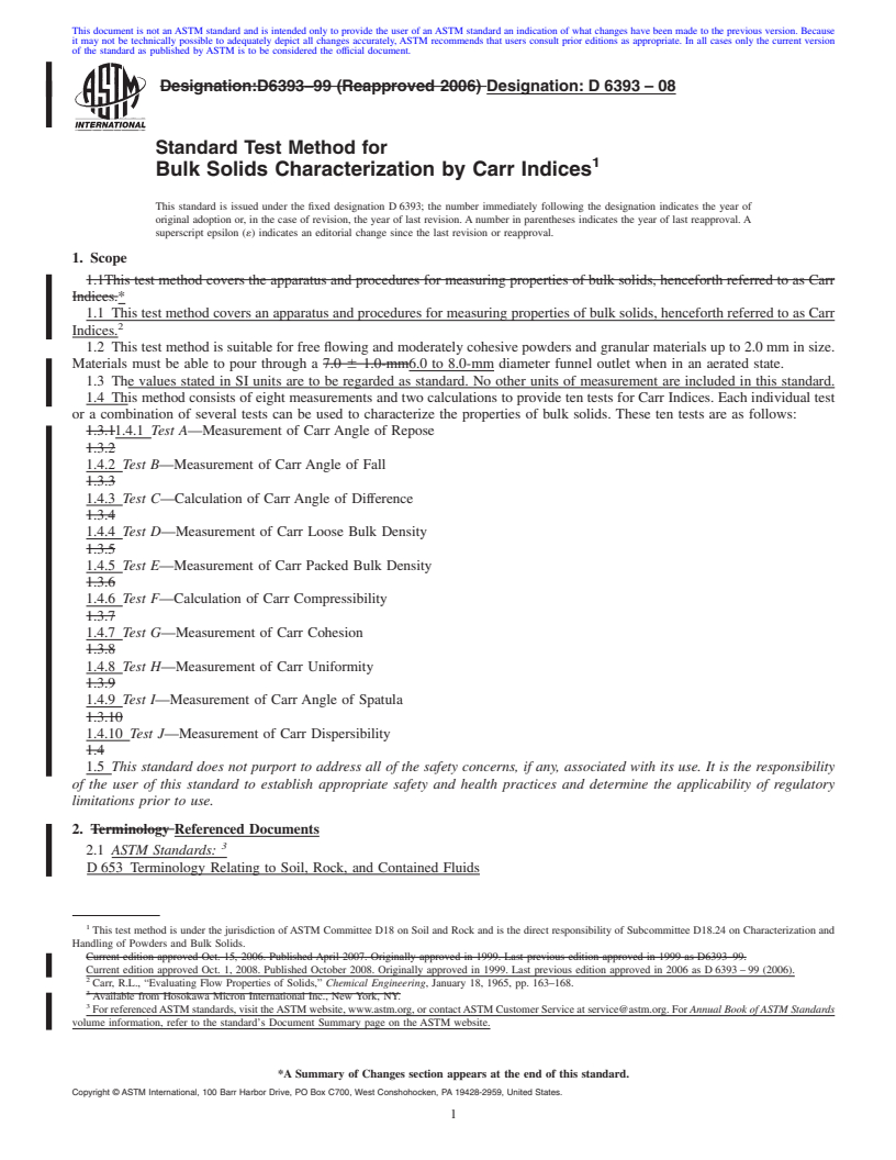 REDLINE ASTM D6393-08 - Standard Test Method for Bulk Solids Characterization by Carr Indices