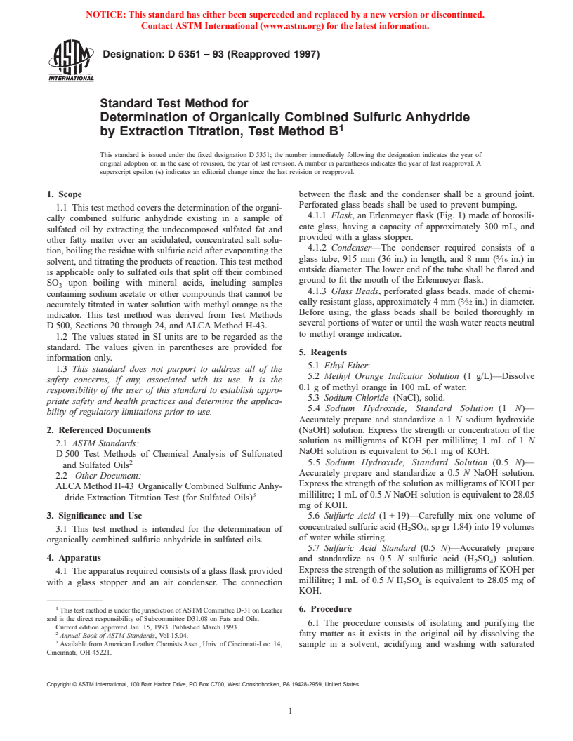 ASTM D5351-93(1997) - Standard Test Method for Determination of Organically Combined Sulfuric Anhydride by Extraction Titration, Test Method B