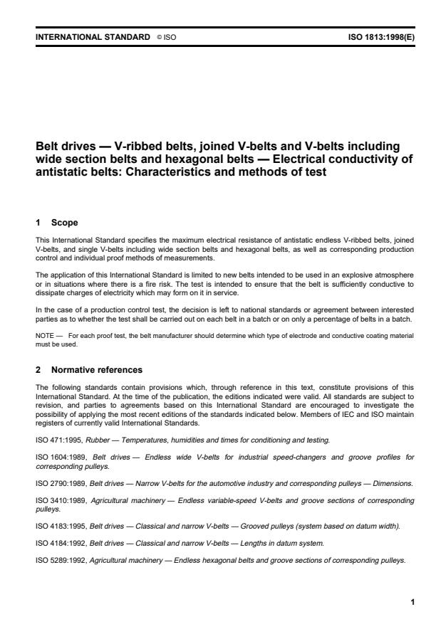 ISO 1813:1998 - Belt drives -- V-ribbed belts, joined V-belts and V-belts including wide section belts and hexagonal belts -- Electrical conductivity of antistatic belts: Characteristics and methods of test