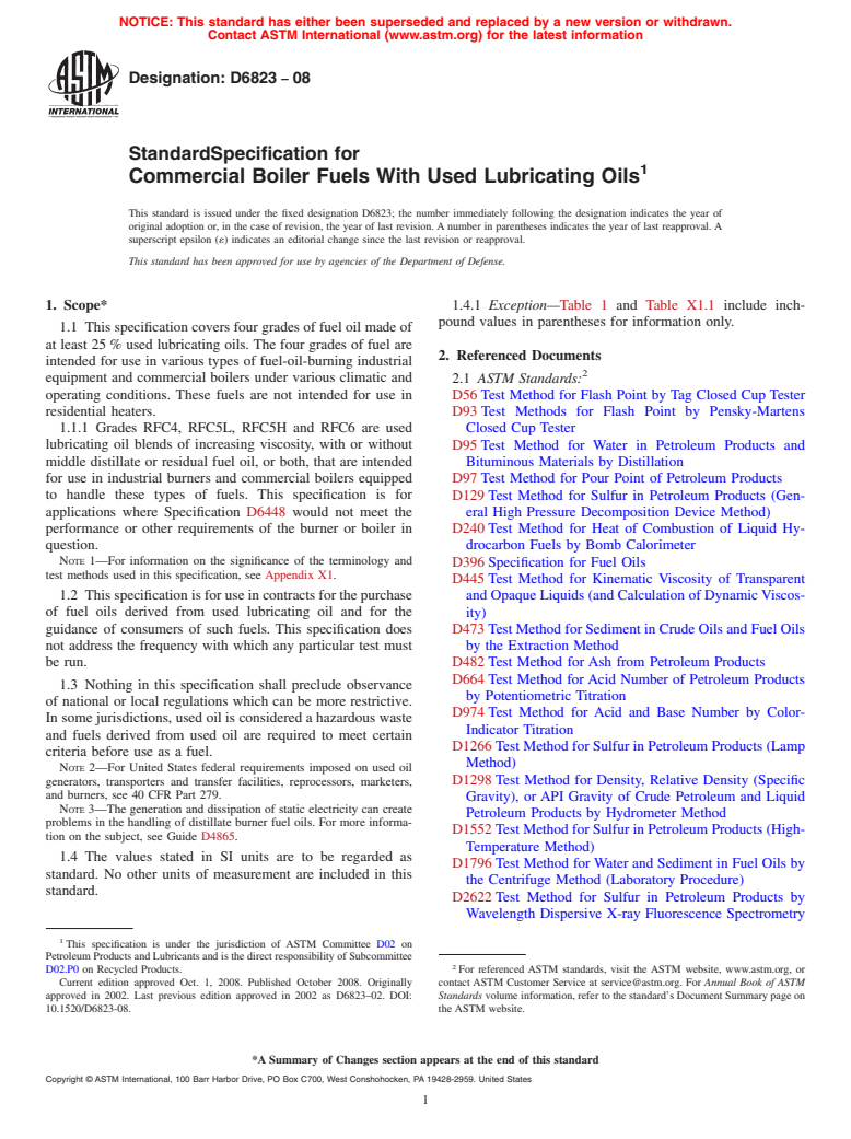 ASTM D6823-08 - Standard Specification for Commercial Boiler Fuels With Used Lubricating Oils