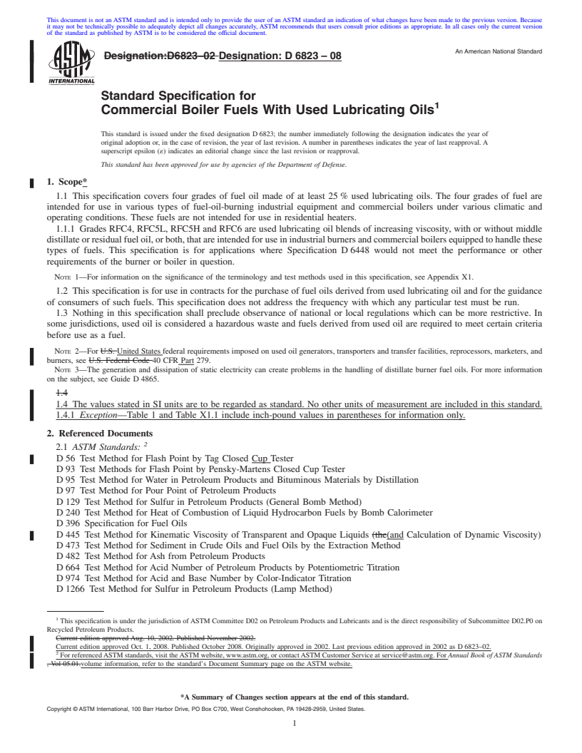 REDLINE ASTM D6823-08 - Standard Specification for Commercial Boiler Fuels With Used Lubricating Oils