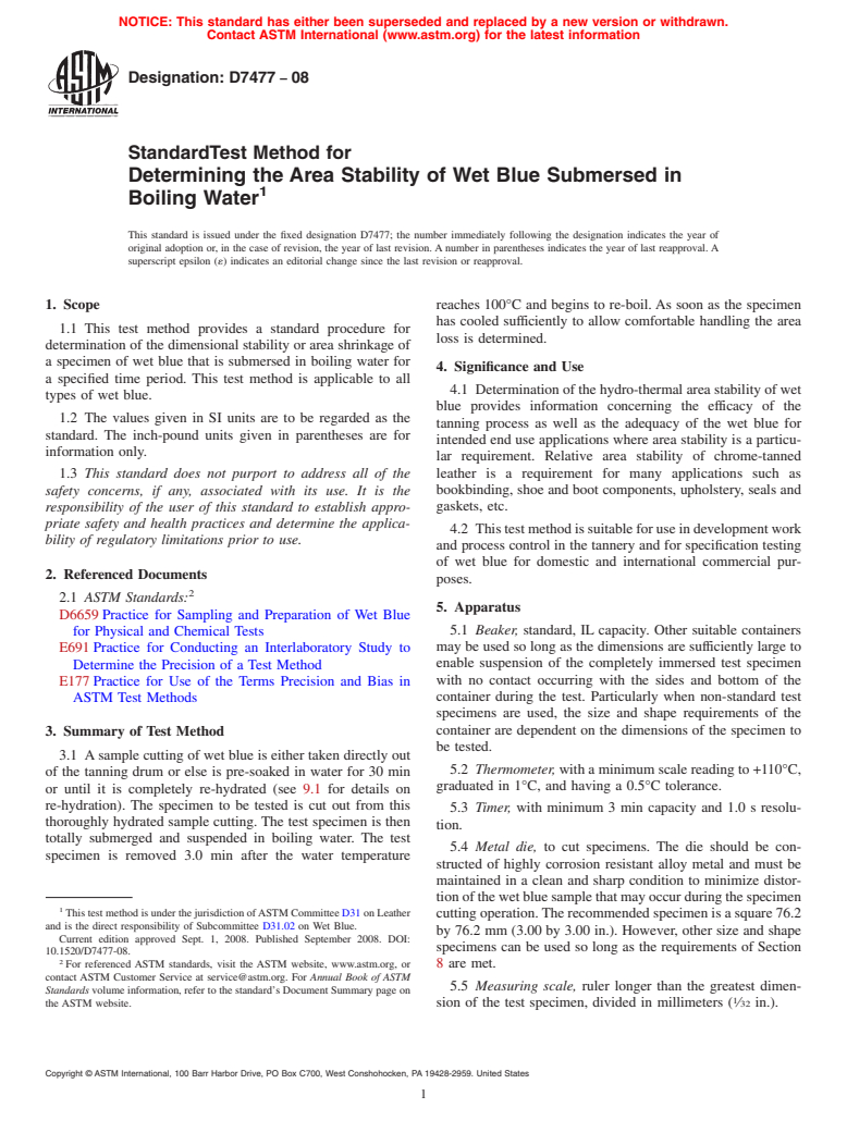 ASTM D7477-08 - Standard Test Method for Determining the Area Stability of Wet Blue Submersed in Boiling Water