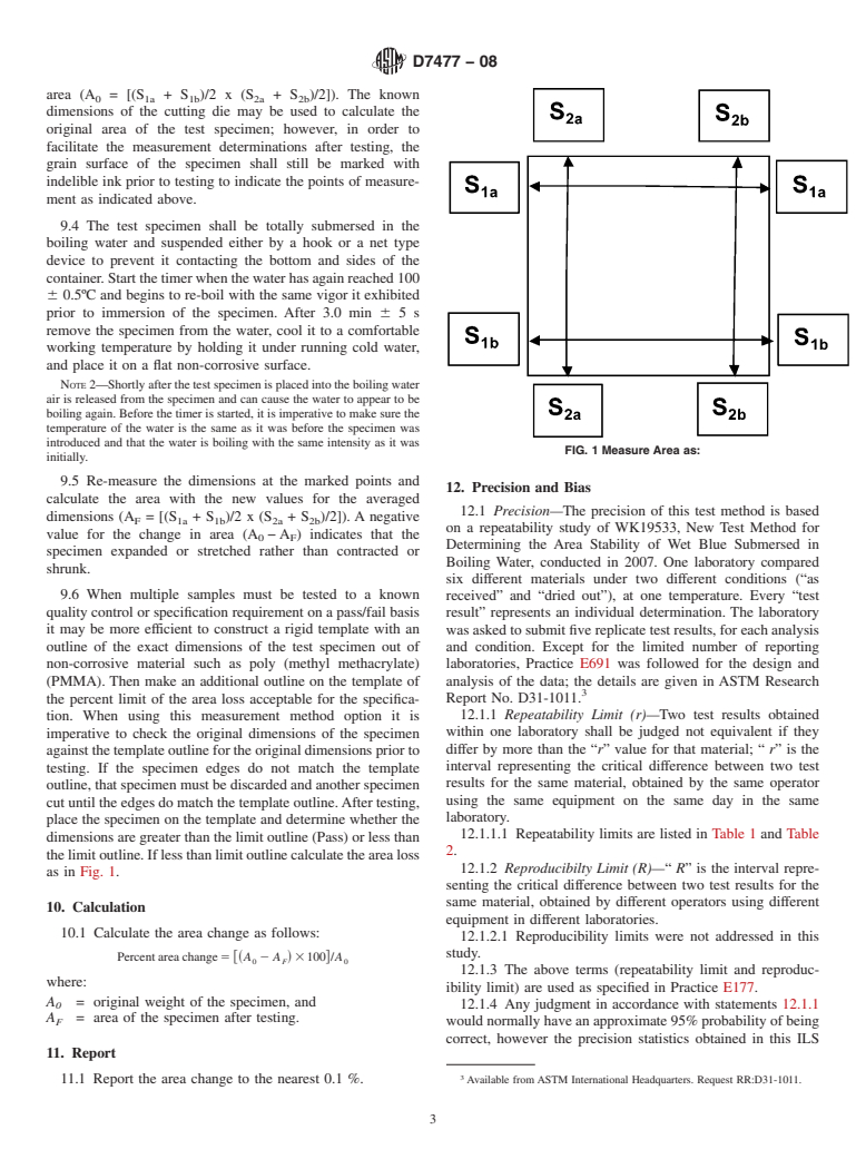 ASTM D7477-08 - Standard Test Method for Determining the Area Stability of Wet Blue Submersed in Boiling Water