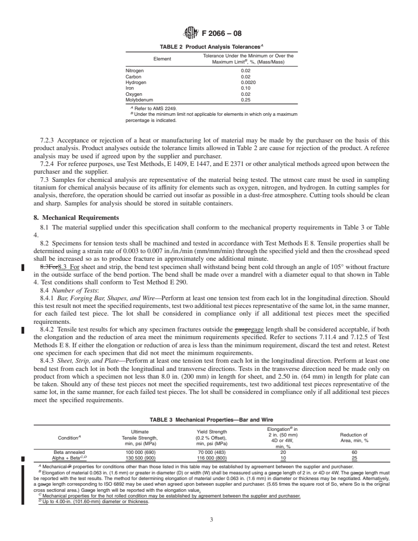 REDLINE ASTM F2066-08 - Standard Specification for Wrought Titanium-15 Molybdenum Alloy for Surgical Implant Applications (UNS R58150)