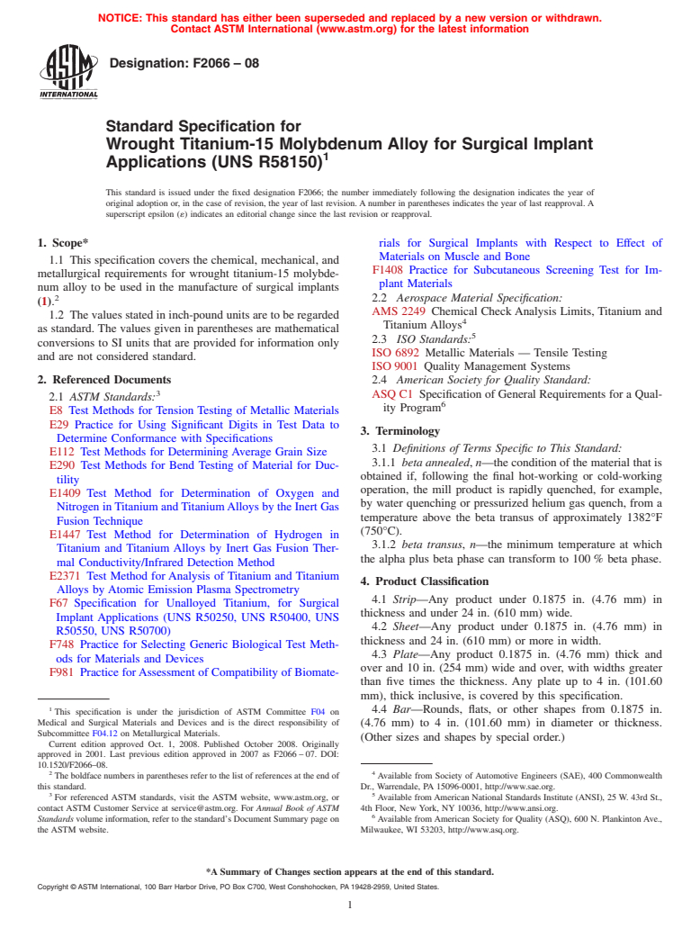 ASTM F2066-08 - Standard Specification for Wrought Titanium-15 Molybdenum Alloy for Surgical Implant Applications (UNS R58150)