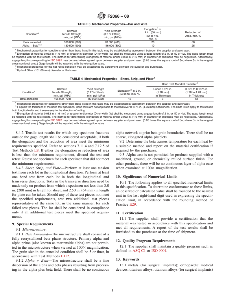 ASTM F2066-08 - Standard Specification for Wrought Titanium-15 Molybdenum Alloy for Surgical Implant Applications (UNS R58150)