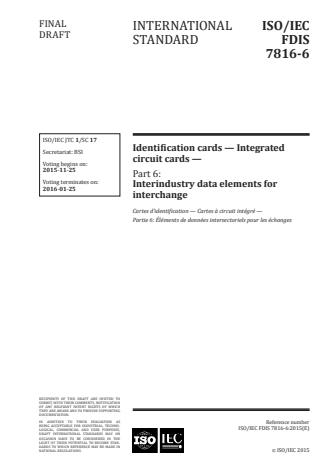 ISO/IEC 7816-6:2016 - Identification cards -- Integrated circuit cards