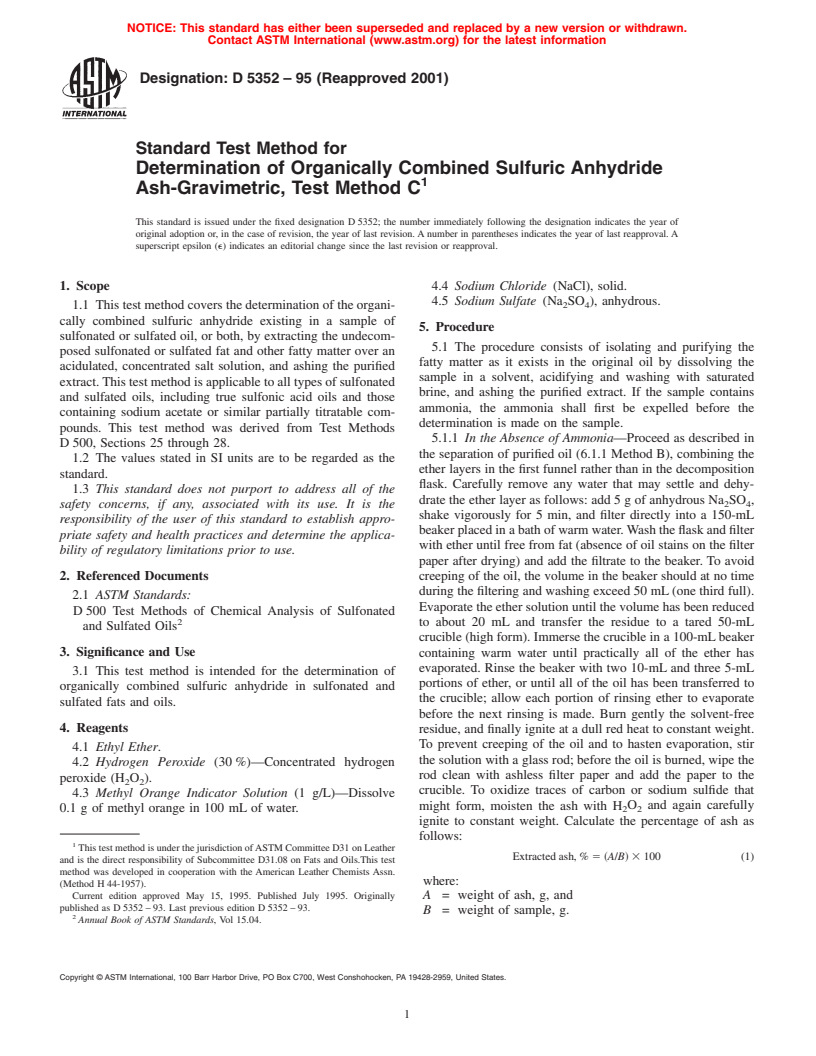ASTM D5352-95(2001) - Standard Test Method for Determination of Organically Combined Sulfuric Anhydride Ash-Gravimetric, Test Method C