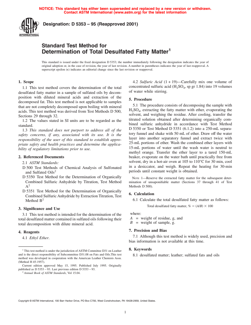 ASTM D5353-95(2001) - Standard Test Method for Determination of Total Desulfated Fatty Matter