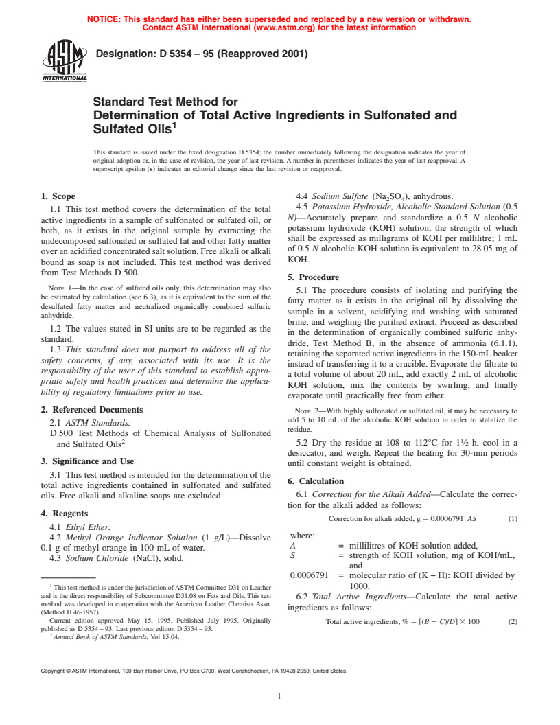 ASTM D5354-95(2001) - Standard Test Method for Determination of Total Active Ingredients in Sulfonated and Sulfated Oils