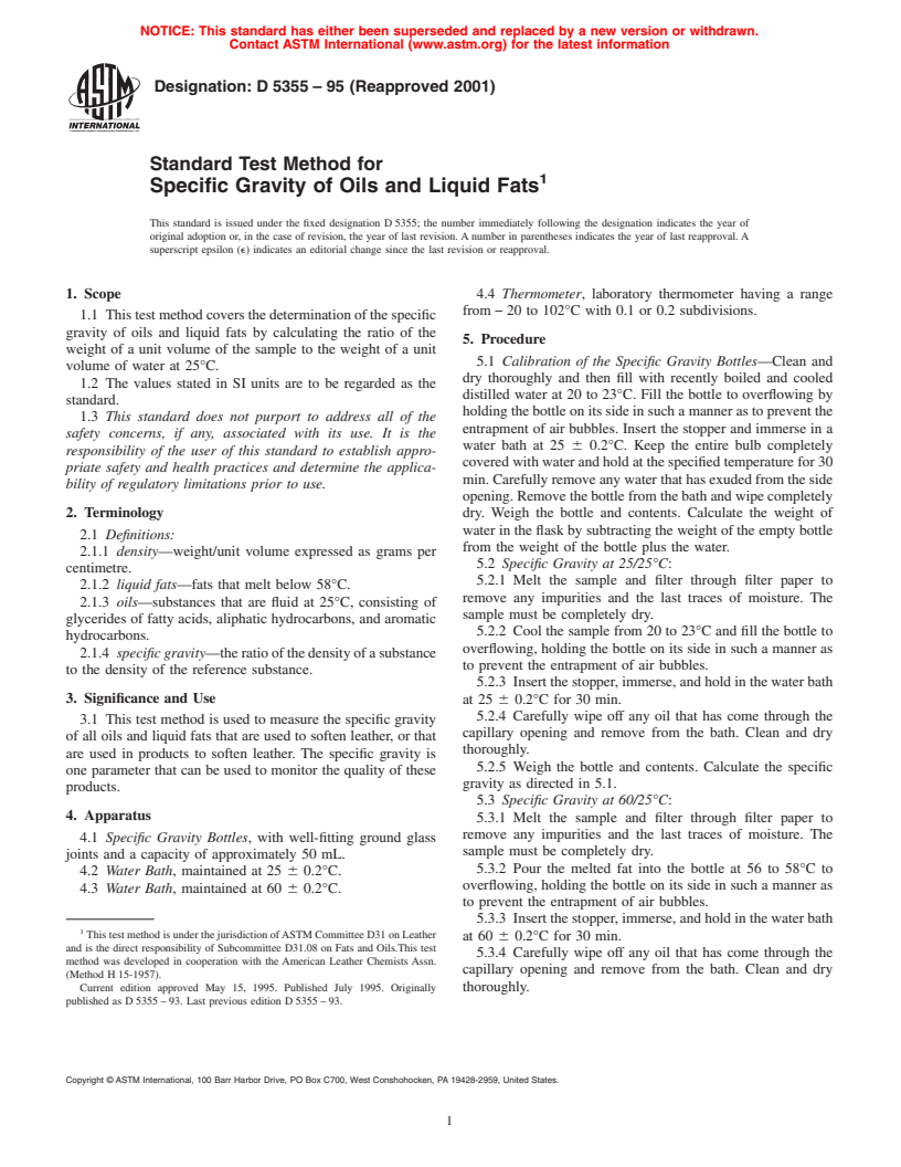 ASTM D5355-95(2001) - Standard Test Method for Specific Gravity of Oils and Liquid Fats