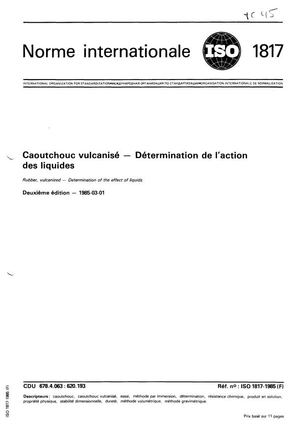 ISO 1817:1985 - Caoutchouc vulcanisé -- Détermination de l'action des liquides