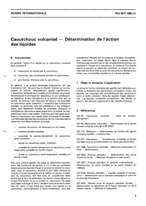 ISO 1817:1985 - Caoutchouc vulcanisé -- Détermination de l'action des liquides