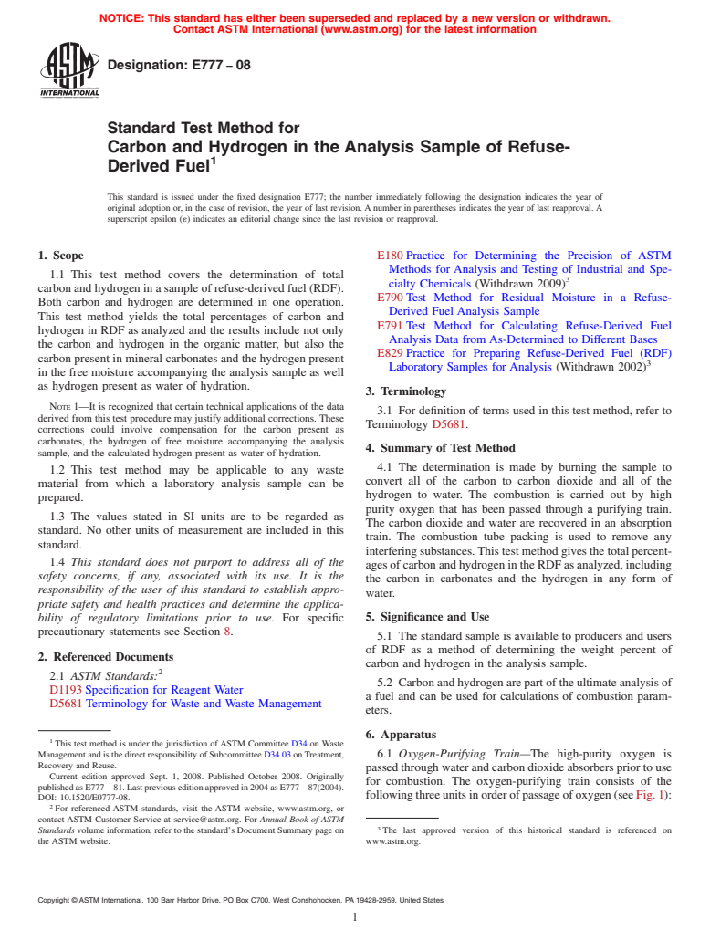 ASTM E777-08 - Standard Test Method for  Carbon and Hydrogen in the Analysis Sample of Refuse-Derived Fuel (Withdrawn 2017)