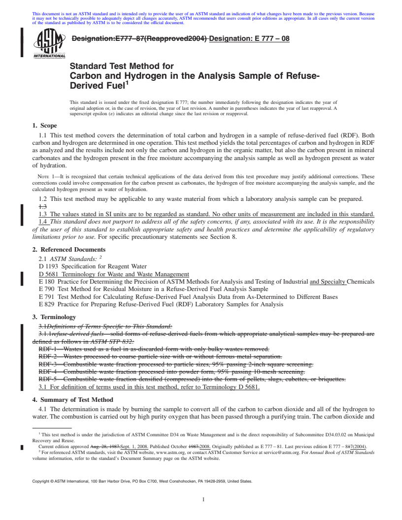 REDLINE ASTM E777-08 - Standard Test Method for  Carbon and Hydrogen in the Analysis Sample of Refuse-Derived Fuel (Withdrawn 2017)