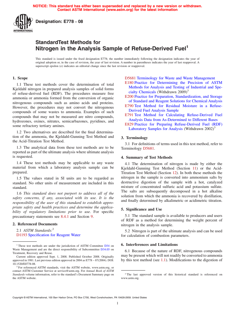 ASTM E778-08 - Standard Test Methods for  Nitrogen in the Analysis Sample of Refuse-Derived Fuel