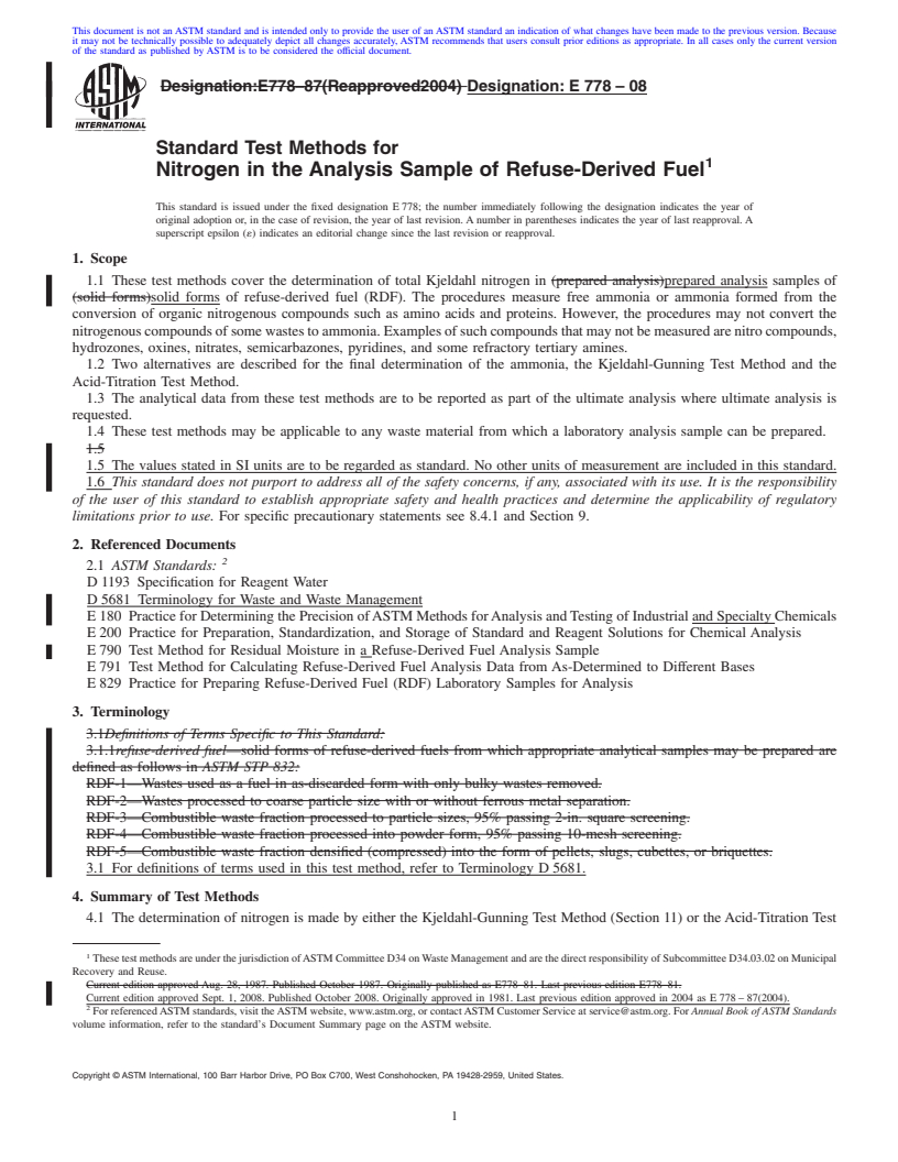 REDLINE ASTM E778-08 - Standard Test Methods for  Nitrogen in the Analysis Sample of Refuse-Derived Fuel