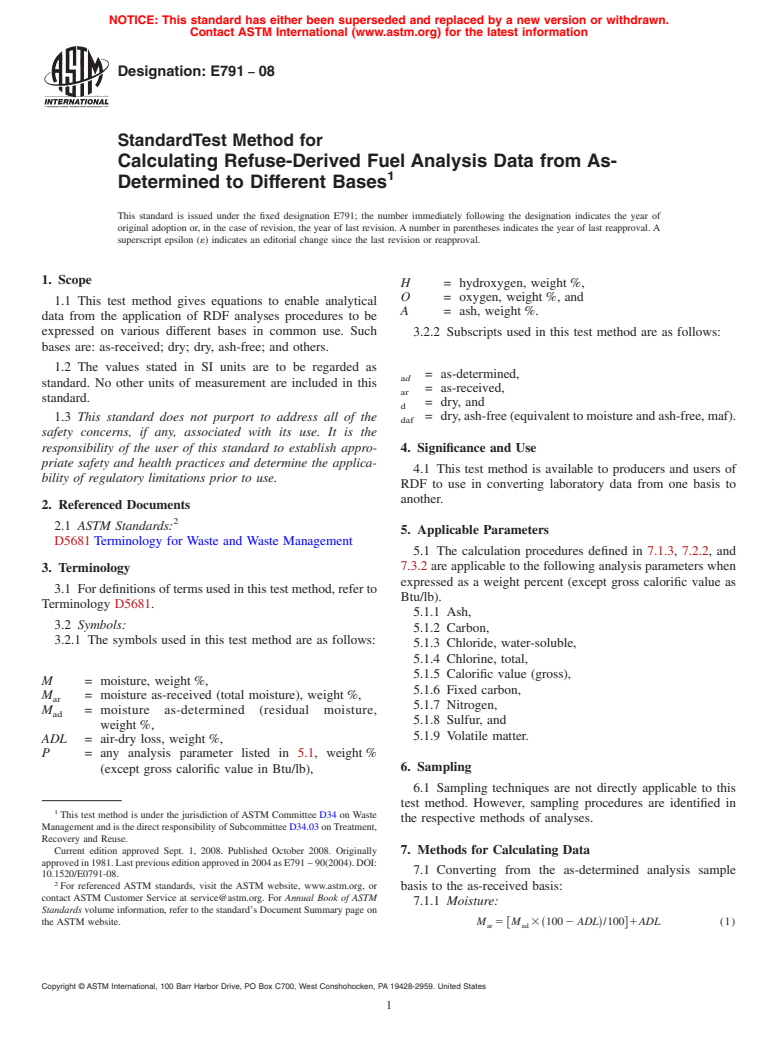 ASTM E791-08 - Standard Test Method for  Calculating Refuse-Derived Fuel Analysis Data from As-Determined to Different Bases