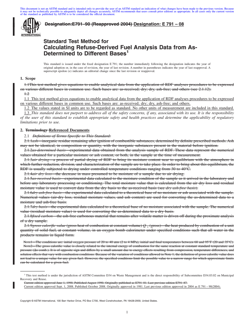 REDLINE ASTM E791-08 - Standard Test Method for  Calculating Refuse-Derived Fuel Analysis Data from As-Determined to Different Bases