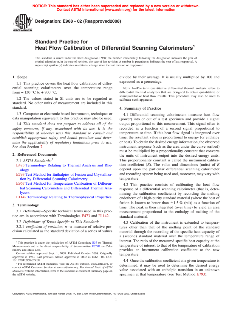 ASTM E968-02(2008) - Standard Practice for  Heat Flow Calibration of Differential Scanning Calorimeters