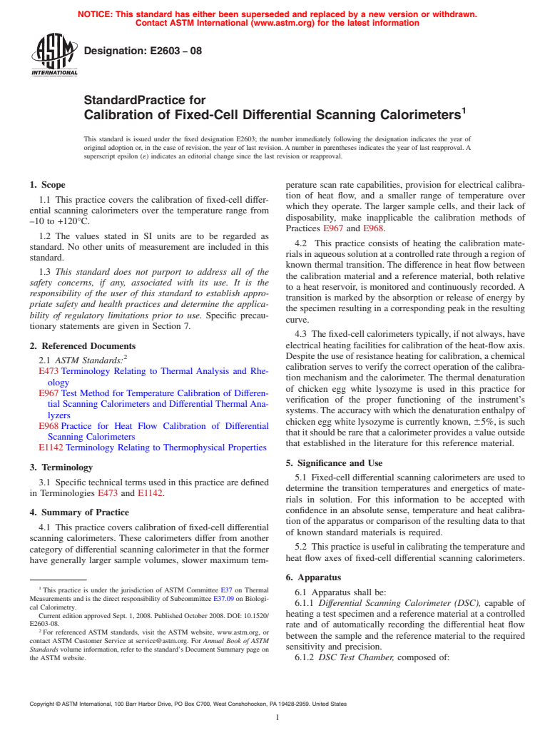 ASTM E2603-08 - Standard Practice for Calibration of Fixed-Cell Differential Scanning Calorimeters