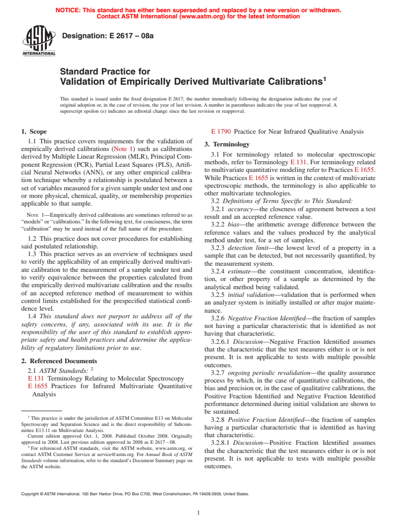 ASTM E2617-08a - Standard Practice for Validation of Empirically Derived Multivariate Calibrations