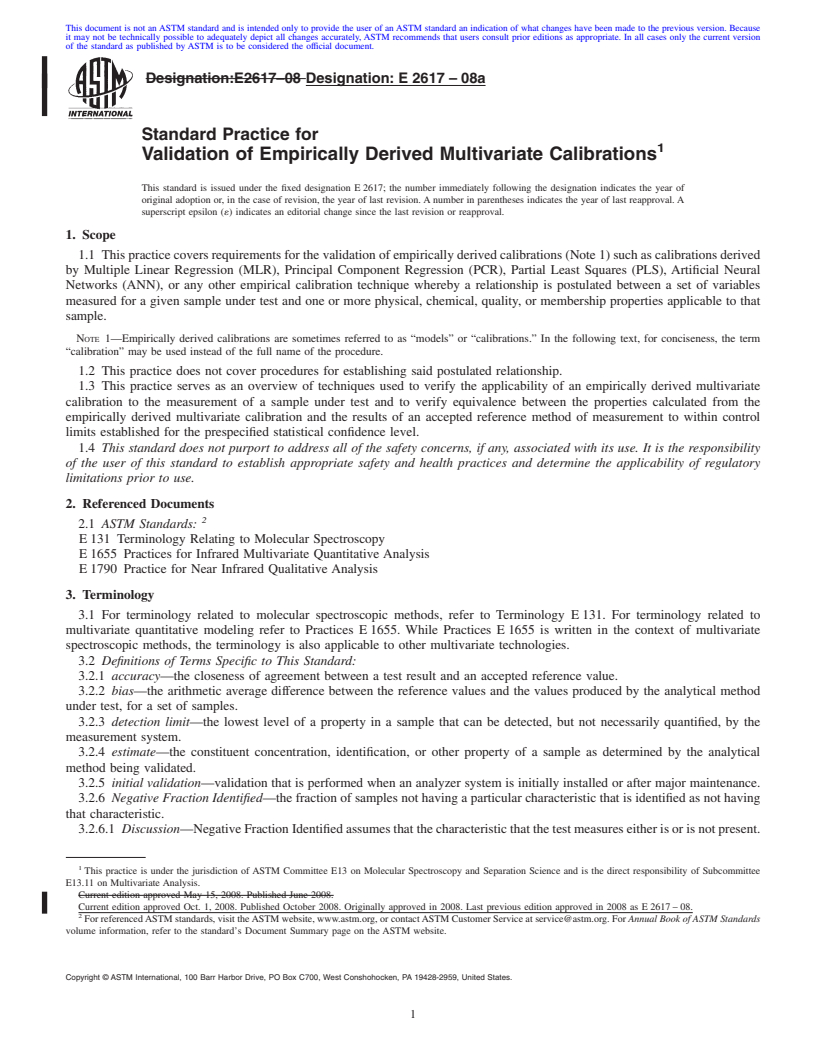 REDLINE ASTM E2617-08a - Standard Practice for Validation of Empirically Derived Multivariate Calibrations