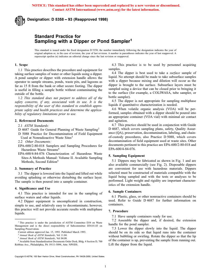 ASTM D5358-93(1998) - Standard Practice for Sampling with a Dipper or Pond Sampler