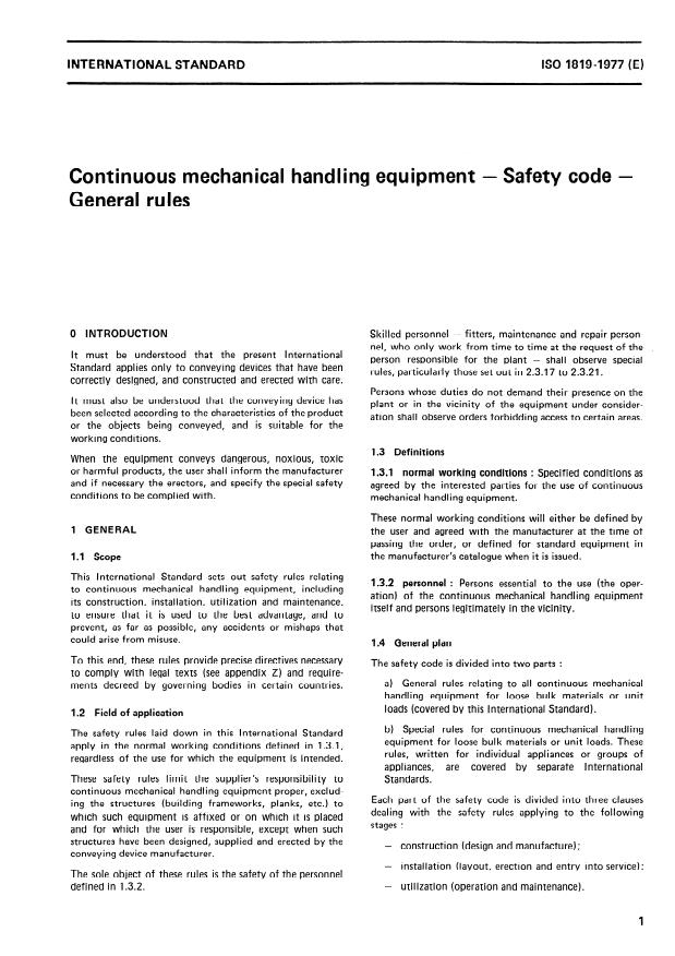 ISO 1819:1977 - Continuous mechanical handling equipment -- Safety code -- General rules