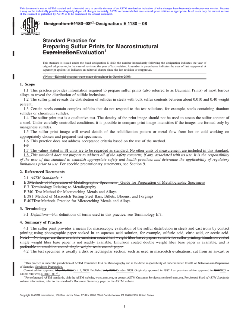 REDLINE ASTM E1180-08 - Standard Practice for  Preparing Sulfur Prints for Macrostructural Evaluation