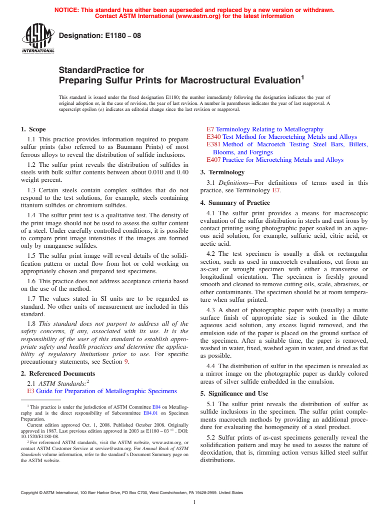 ASTM E1180-08 - Standard Practice for  Preparing Sulfur Prints for Macrostructural Evaluation