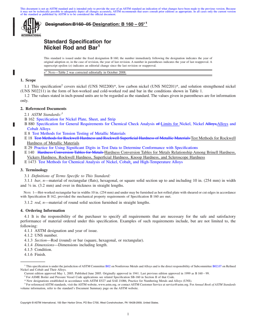 REDLINE ASTM B160-05e1 - Standard Specification for  Nickel Rod and Bar