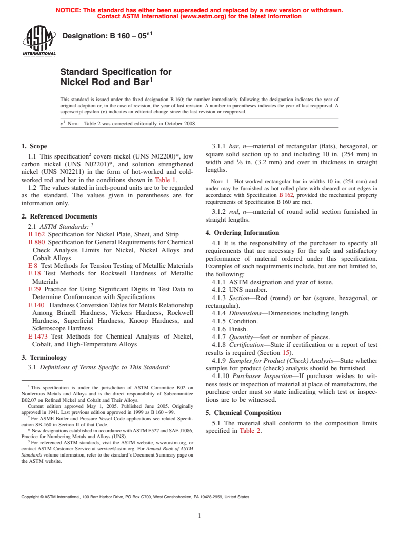 ASTM B160-05e1 - Standard Specification for  Nickel Rod and Bar